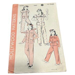 Hollywood Sewing Patterns 1007 Girls Two-Piece Pajamas Button Down Size 10